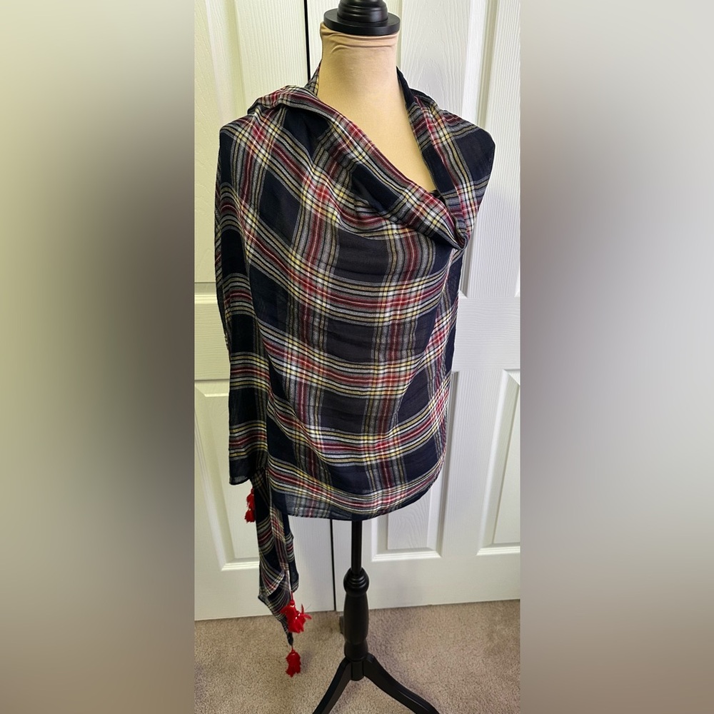 crown & ivy Multicolor Plaid Wrap with Red Tassels
